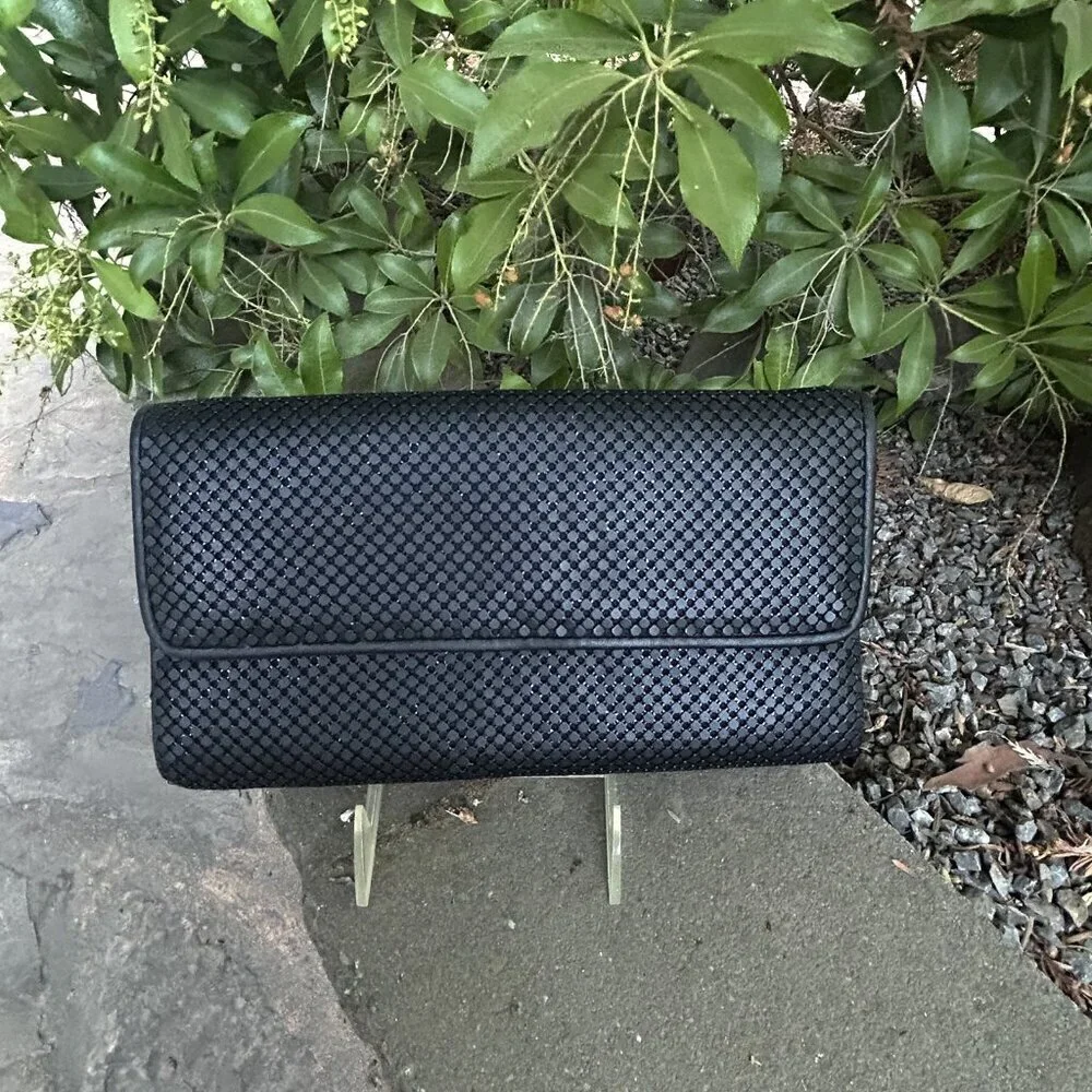 Whiting & Davis Vintage Black Mesh Fold Over Clutch Bag Purse Handbag